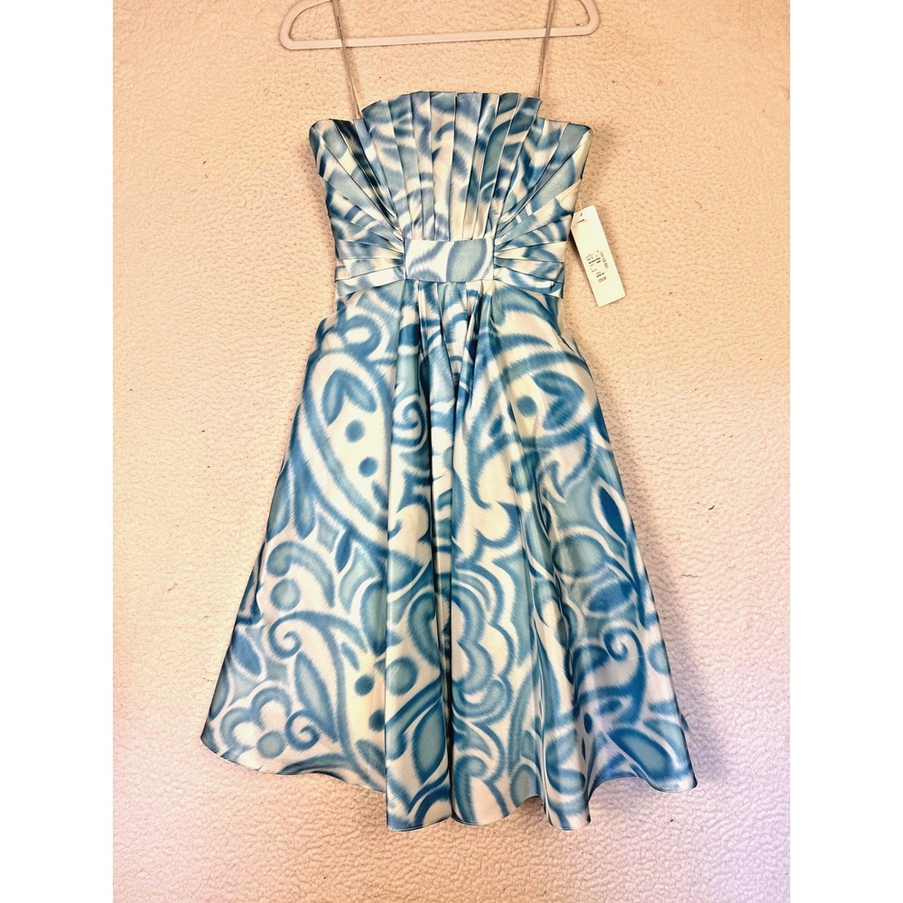Badgley Mischka Dress Womens 4 Blue Fit & Flare Strapless Wedding Event Floral